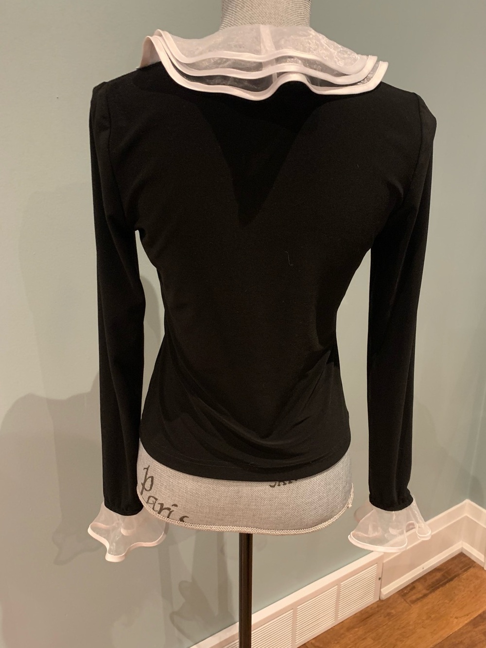 Joseph Ribkoff Black Button-Front Top with White Ruffle Trim - Picture 6 of 16